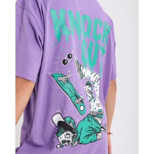 BSC Oversize Knock Out Skater Baskılı Unisex Tişört - Mor