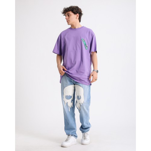 BSC Oversize Knock Out Skater Baskılı Unisex Tişört - Mor