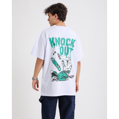 BSC Oversize Knock Out Skater Baskılı Unisex Tişört - Beyaz