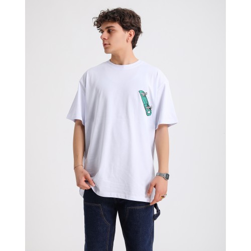 BSC Oversize Knock Out Skater Baskılı Unisex Tişört - Beyaz