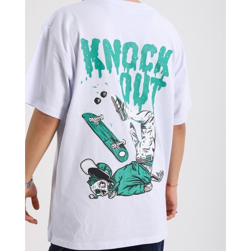 BSC Oversize Knock Out Skater Baskılı Unisex Tişört - Beyaz