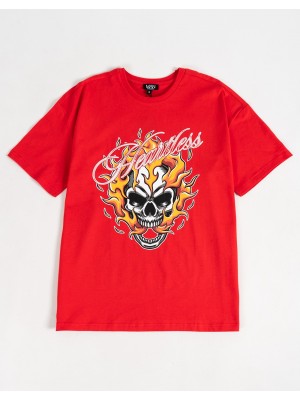 BHM Ekstra Oversize Heartless Yanan Kuru Kafa  Baskılı Unisex T-Shirt - Kırmızı