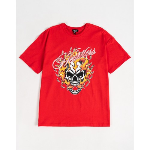 BHM Ekstra Oversize Heartless Yanan Kuru Kafa  Baskılı Unisex T-Shirt - Kırmızı