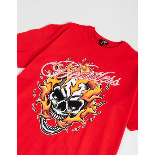 BHM Ekstra Oversize Heartless Yanan Kuru Kafa  Baskılı Unisex T-Shirt - Kırmızı