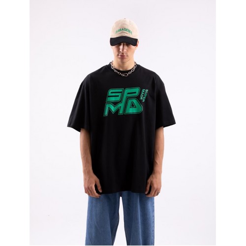 SPMD Oversize Yeşil Logo Baskılı Unisex Tişört - Siyah
