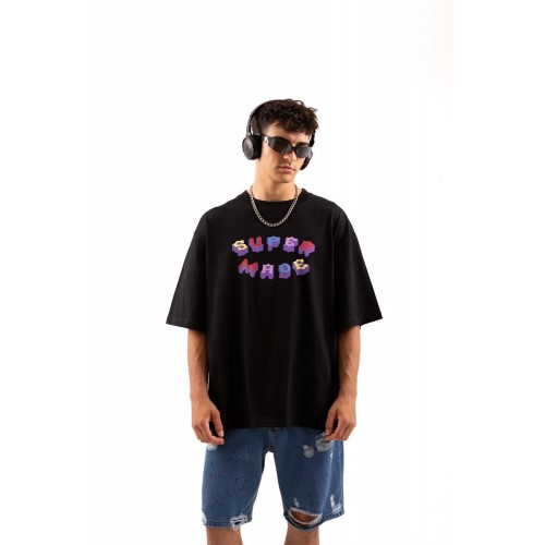 SuperMade Rahat Kalıp Color Logo Print Unisex Tişört - Siyah