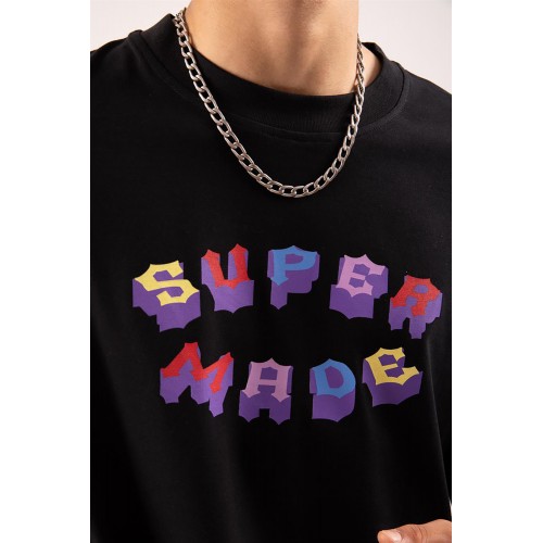 SuperMade Rahat Kalıp Color Logo Print Unisex Tişört - Siyah