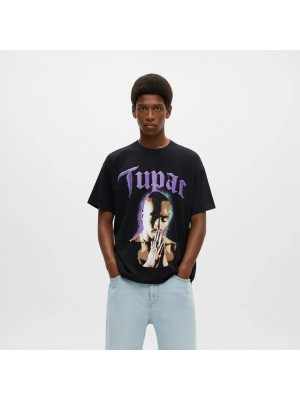 PB Tupac Purple Pray Baskılı Unisex Tişört - Siyah
