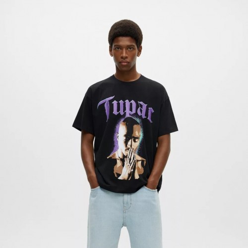 PB Tupac Purple Pray Baskılı Unisex Tişört - Siyah