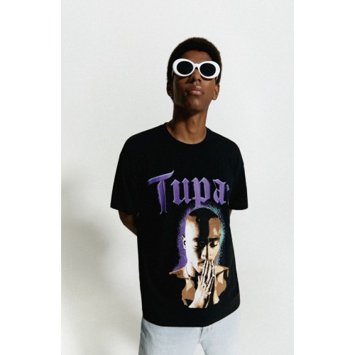 PB Tupac Purple Pray Baskılı Unisex Tişört - Siyah