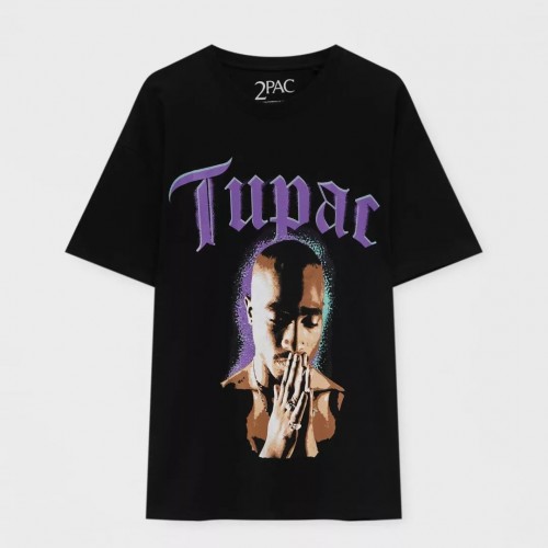 PB Tupac Purple Pray Baskılı Unisex Tişört - Siyah