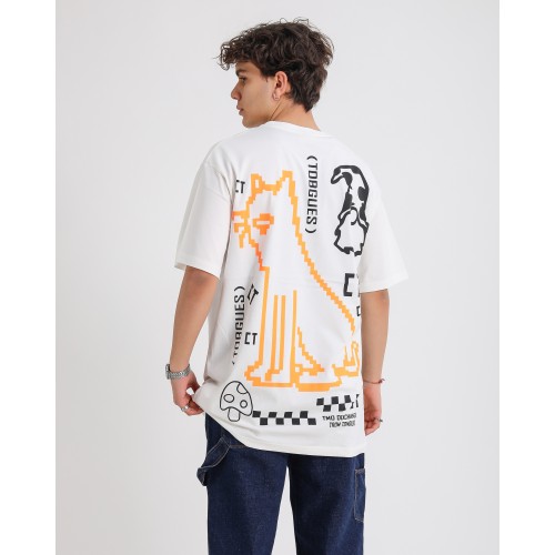 BSC Oversize Crooked Tongues Ön Arka  Baskılı Unisex Tişört- Beyaz