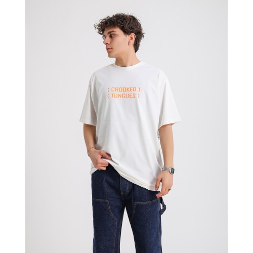 BSC Oversize Crooked Tongues Ön Arka  Baskılı Unisex Tişört- Beyaz