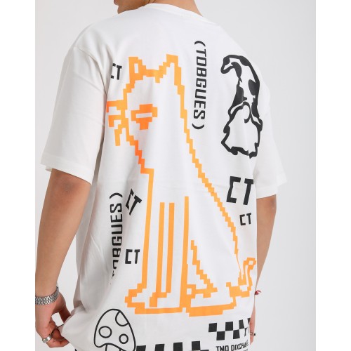 BSC Oversize Crooked Tongues Ön Arka  Baskılı Unisex Tişört- Beyaz