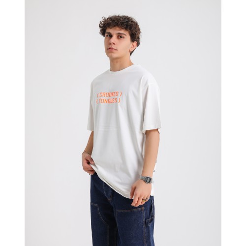 BSC Oversize Crooked Tongues Ön Arka  Baskılı Unisex Tişört- Beyaz