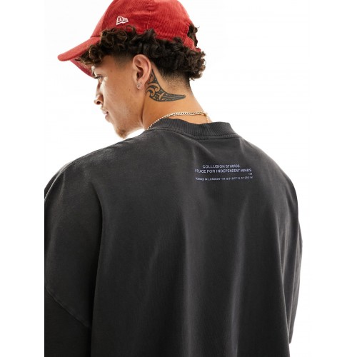 AS Extra Oversize Boxy Fit Washed Collusion Studios Unisex Tişört - Siyah
