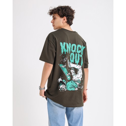 BSC Oversize Knock Out Skater Baskılı Unisex Tişört - Haki