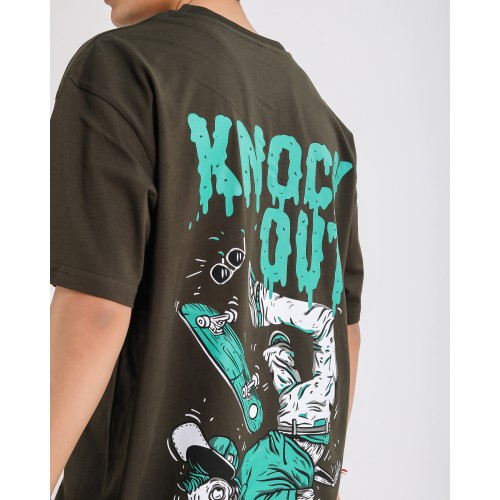 BSC Oversize Knock Out Skater Baskılı Unisex Tişört - Haki