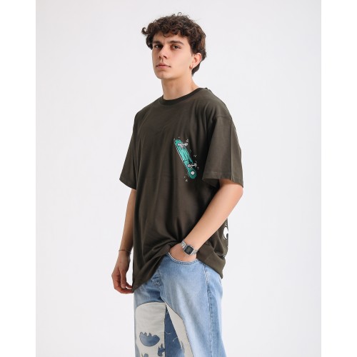 BSC Oversize Knock Out Skater Baskılı Unisex Tişört - Haki