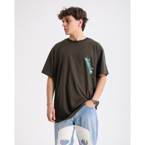 BSC Oversize Knock Out Skater Baskılı Unisex Tişört - Haki