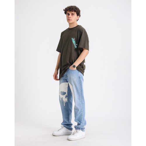 BSC Oversize Knock Out Skater Baskılı Unisex Tişört - Haki