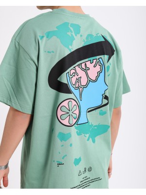 BSC Oversize World Map Brain Peace Ön Arka Baskılı Unisex Tişört - Yeşil