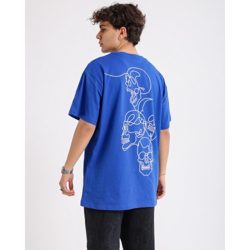 BSC Oversize Skull Line Ön Sırt Baskılı Unisex Tişört - Mavi