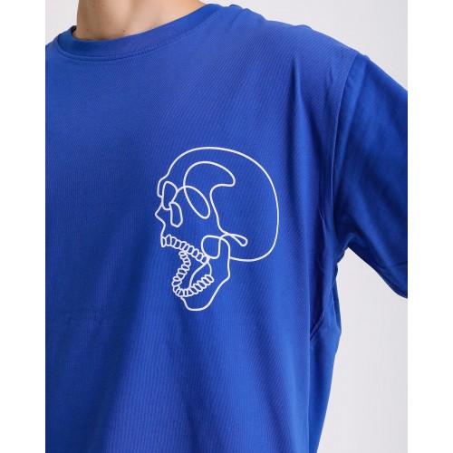 BSC Oversize Skull Line Ön Sırt Baskılı Unisex Tişört - Mavi