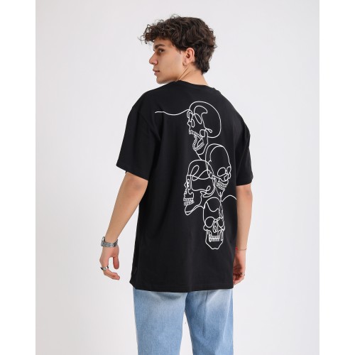BSC Oversize Skull Line Ön Sırt Baskılı Unisex Tişört - Siyah