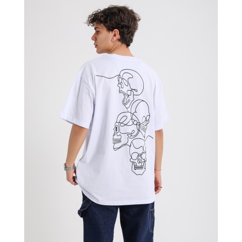 BSC Oversize Skull Line Ön Sırt Baskılı Unisex Tişört - Beyaz
