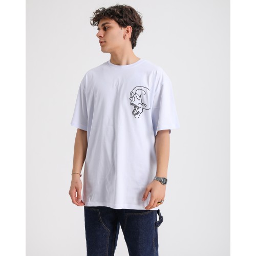 BSC Oversize Skull Line Ön Sırt Baskılı Unisex Tişört - Beyaz