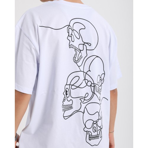 BSC Oversize Skull Line Ön Sırt Baskılı Unisex Tişört - Beyaz