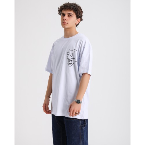 BSC Oversize Skull Line Ön Sırt Baskılı Unisex Tişört - Beyaz