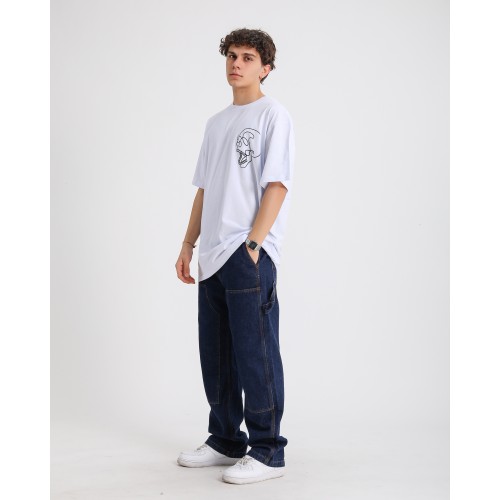 BSC Oversize Skull Line Ön Sırt Baskılı Unisex Tişört - Beyaz