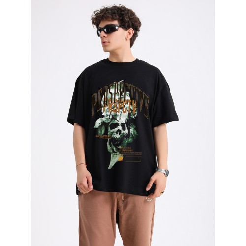 BSC Oversize Perspective Skull Ön Baskılı Unisex Tişört - Siyah