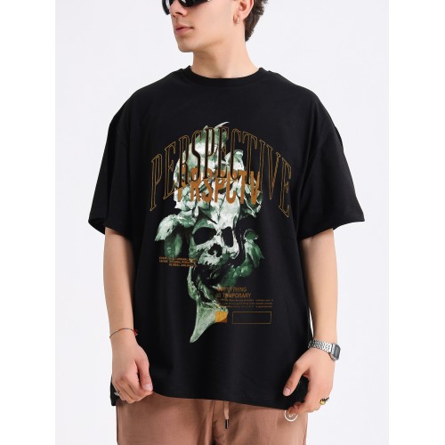 BSC Oversize Perspective Skull Ön Baskılı Unisex Tişört - Siyah