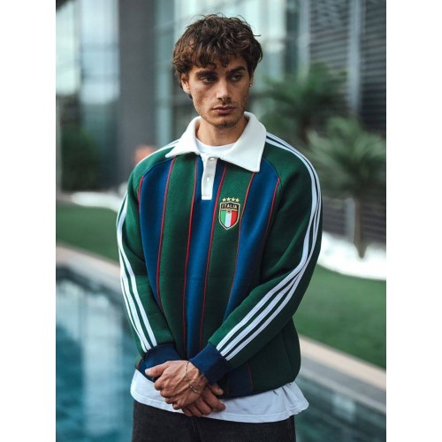 REST Oversize Italia Nakışlı Şeritli Polo Yaka Sweatshirt - Yeşil