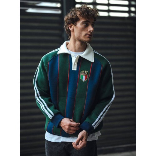 REST Oversize Italia Nakışlı Şeritli Polo Yaka Sweatshirt - Yeşil