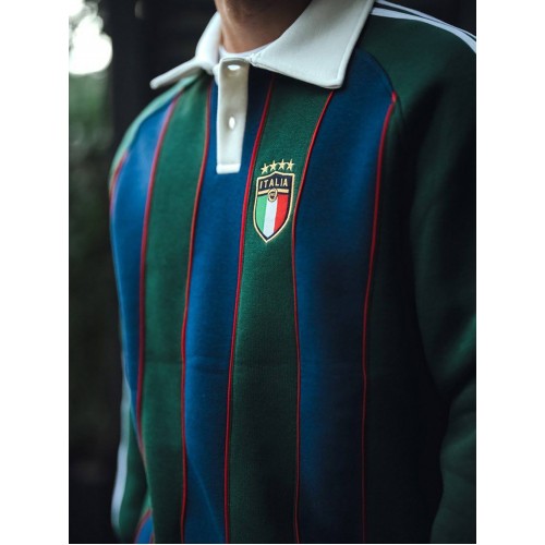 REST Oversize Italia Nakışlı Şeritli Polo Yaka Sweatshirt - Yeşil