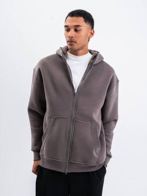 PLZ Oversize Çift Yönlü Fermuarlı Kapüşonlu Unisex Hırka - Füme