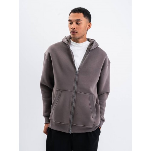 PLZ Oversize Çift Yönlü Fermuarlı Kapüşonlu Unisex Hırka - Füme