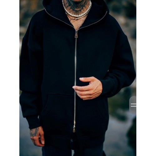 PLZ Oversize Çift Yönlü Fermuarlı Kapüşonlu Unisex Hırka - Siyah