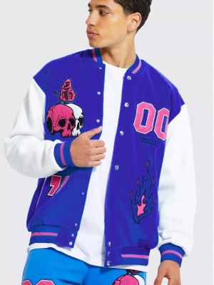 BHM Oversize Nakış Detaylı Jersey Kolej Ceket - Mavi-Mor