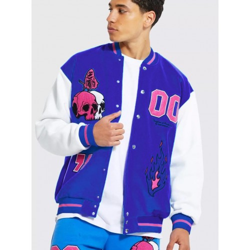 BHM Oversize Nakış Detaylı Jersey Kolej Ceket - Mavi-Mor