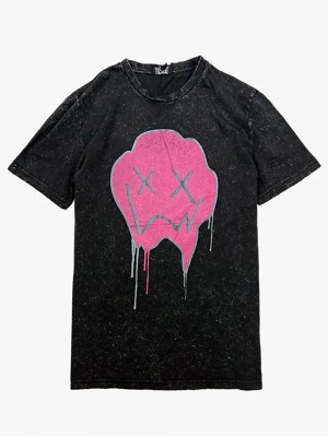 BHM Regular Fit Acid Wash Drip Face Unisex Tişört - Antrasit