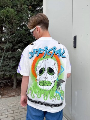 BHM Oversize Official Color Skull Printed Tişört - Beyaz