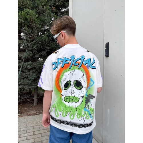 BHM Oversize Official Color Skull Printed Tişört - Beyaz