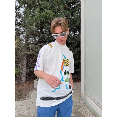 BHM Oversize Official Color Skull Printed Tişört - Beyaz