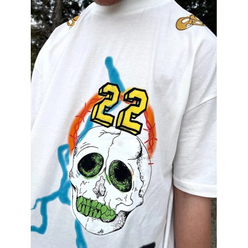 BHM Oversize Official Color Skull Printed Tişört - Beyaz