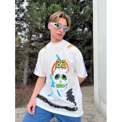BHM Oversize Official Color Skull Printed Tişört - Beyaz